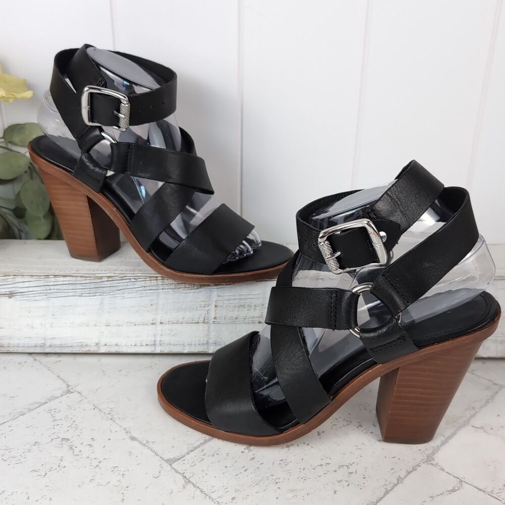 Frye Sara Harness Sandals 8M Black Leather Wrap Strap Buckle Heels #70182